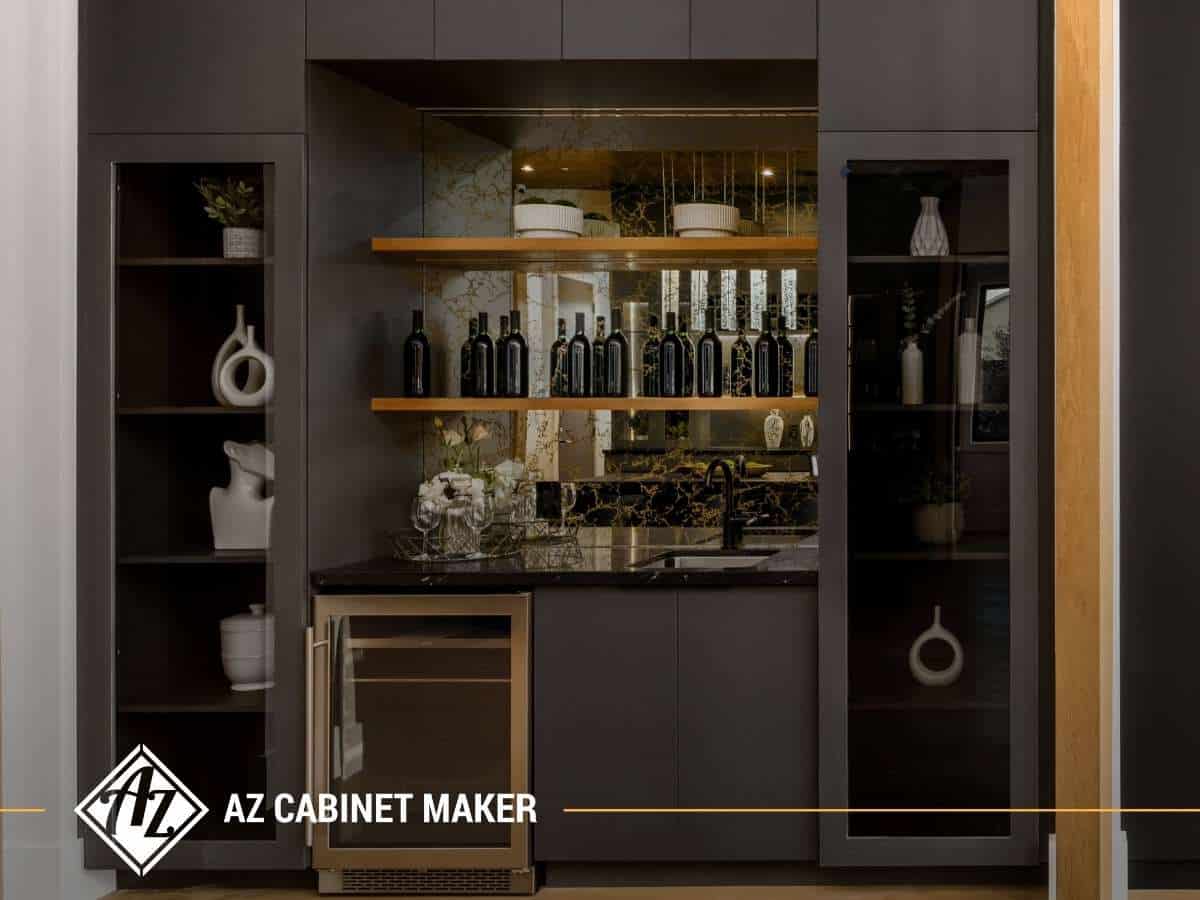 Modern wet bar with sleek custom cabinet design and open shelving