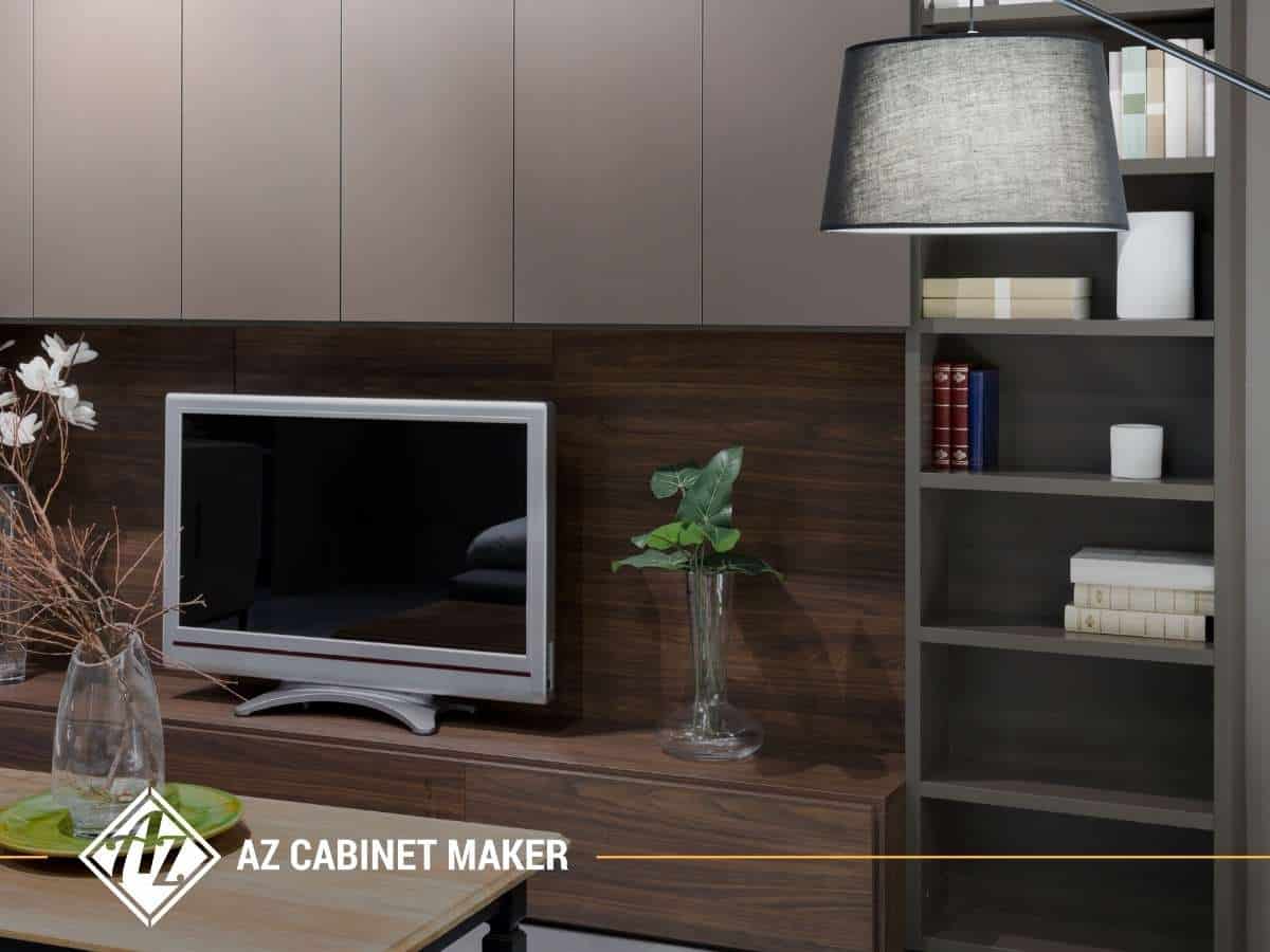 Modern Living Room Custom Cabinet with built-in shelves and TV setup.