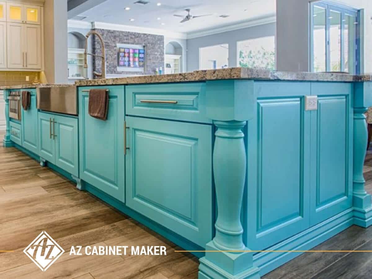Beautiful turquoise kitchen cabinets made by AZ Cabinet Maker