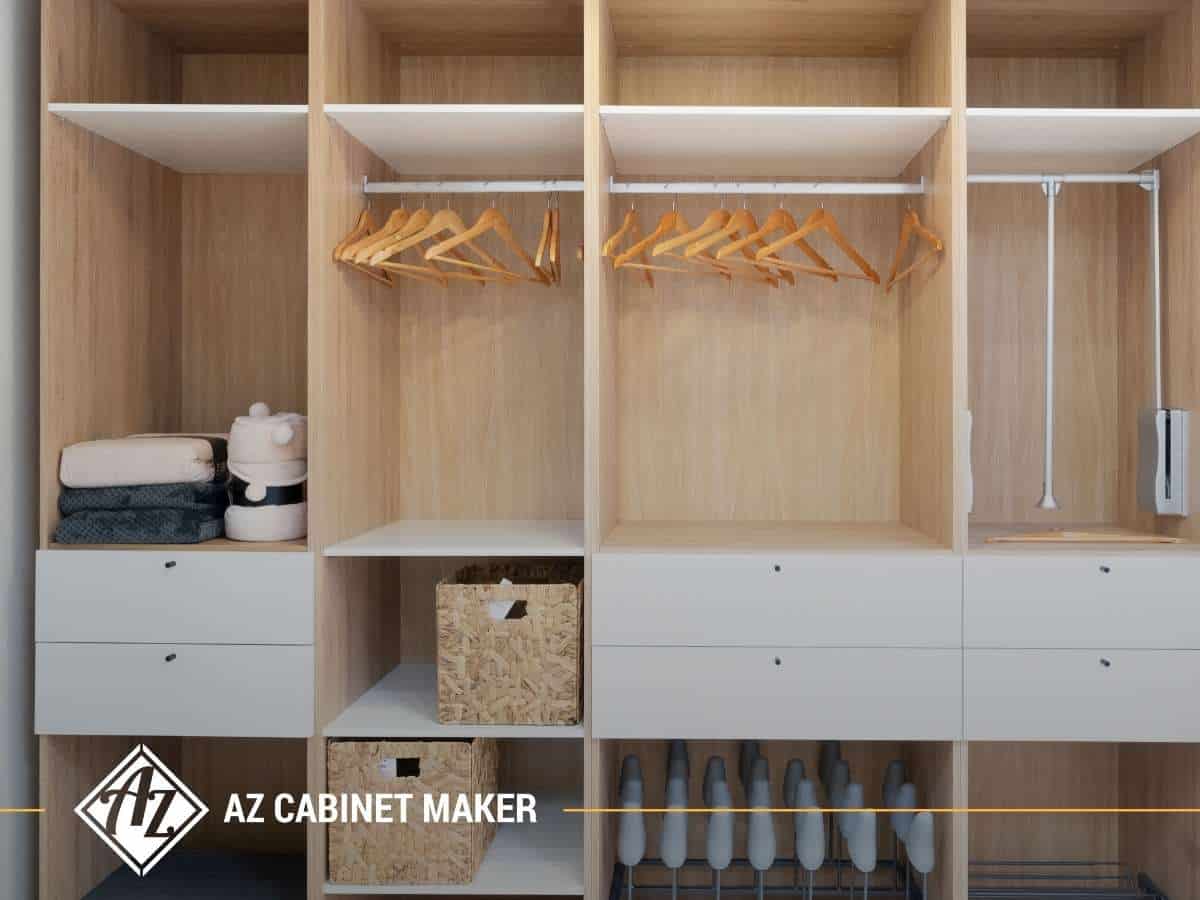 Custom storage solution with organized shelves and hangers for efficient space utilization
