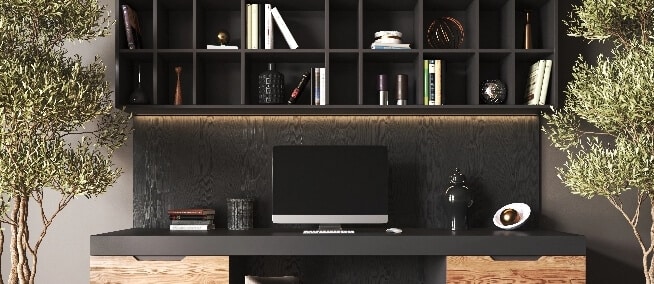 custom-built-in-home-office-cabinetry-with-open-shelving-and-dark-wood-finish Custom built-in home office cabinetry with open shelving and dark wood finish