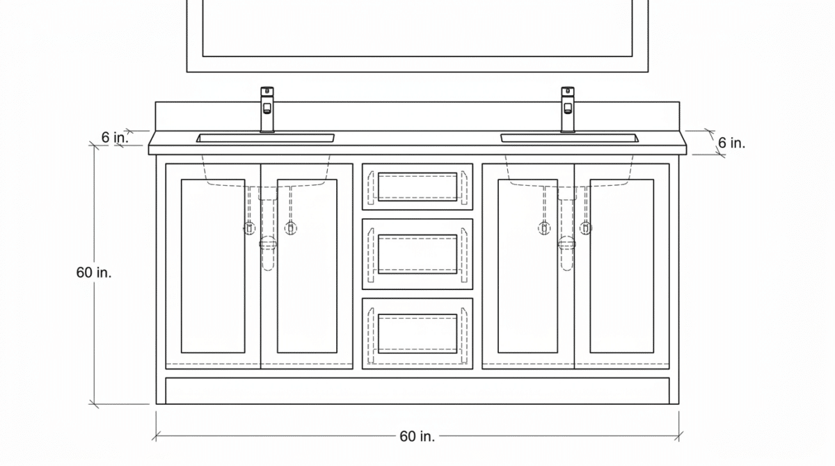 Dimensioned line drawing of a 60-inch double-sink bathroom vanity, labeled 60 inches wide and 60 inches high with 6 inches of clearance at each end, showing two undermount sinks with concealed plumbing behind the doors, three central drawers, and a wall mirror above.