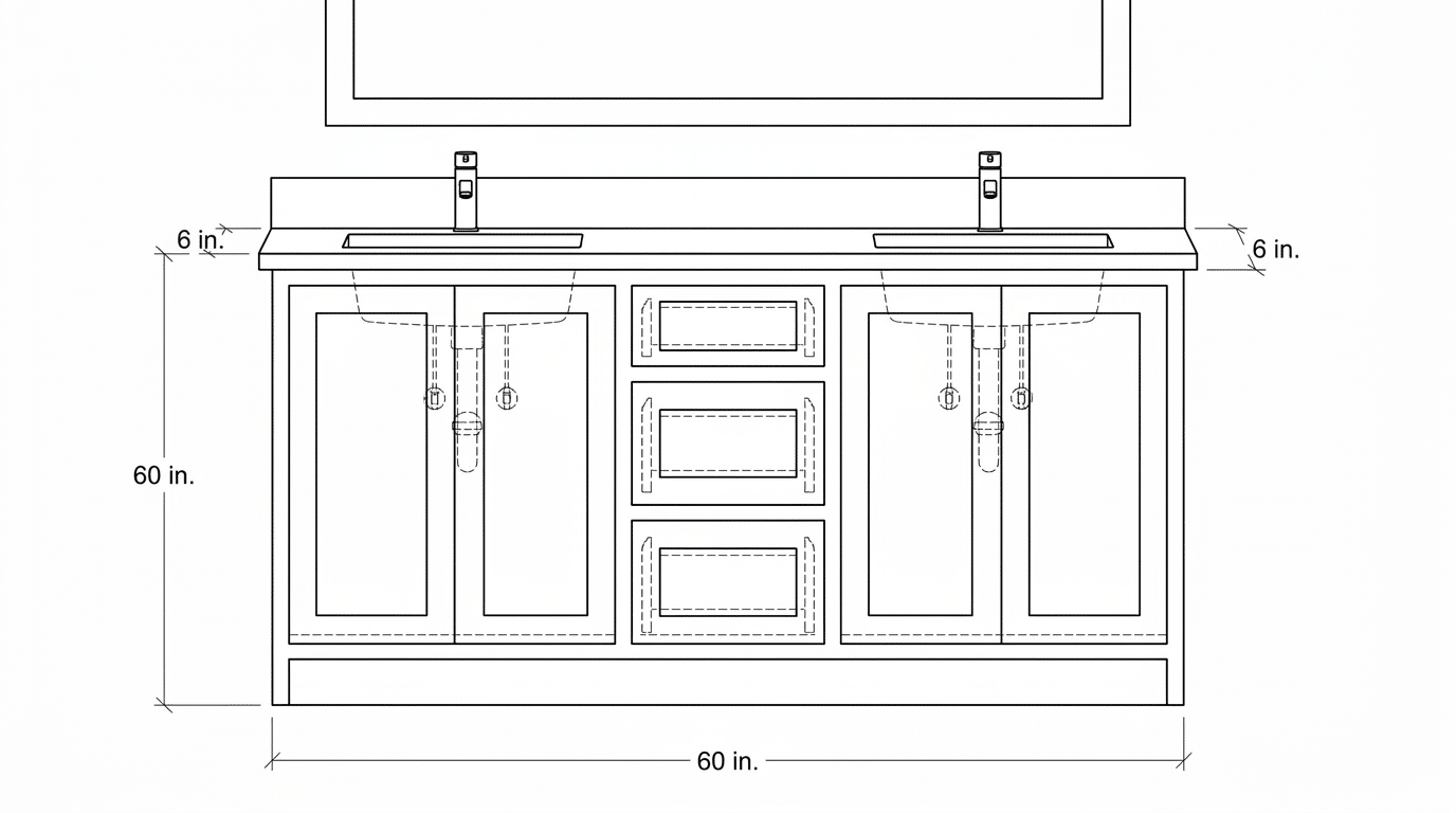 Dimensioned line drawing of a 60-inch double-sink bathroom vanity, labeled 60 inches wide and 60 inches high with 6 inches of clearance at each end, showing two undermount sinks with concealed plumbing behind the doors, three central drawers, and a wall mirror above.